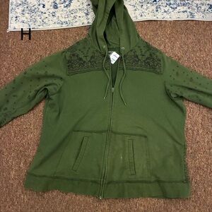 Lane Bryant Olive Utility Jacket with Hood and Elaborate Jewel Design Work.